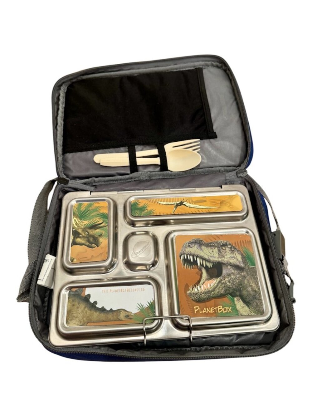 PlanetBox Rover Stainless Steel Bento Lunch Box Blue Bag Dinosaurs